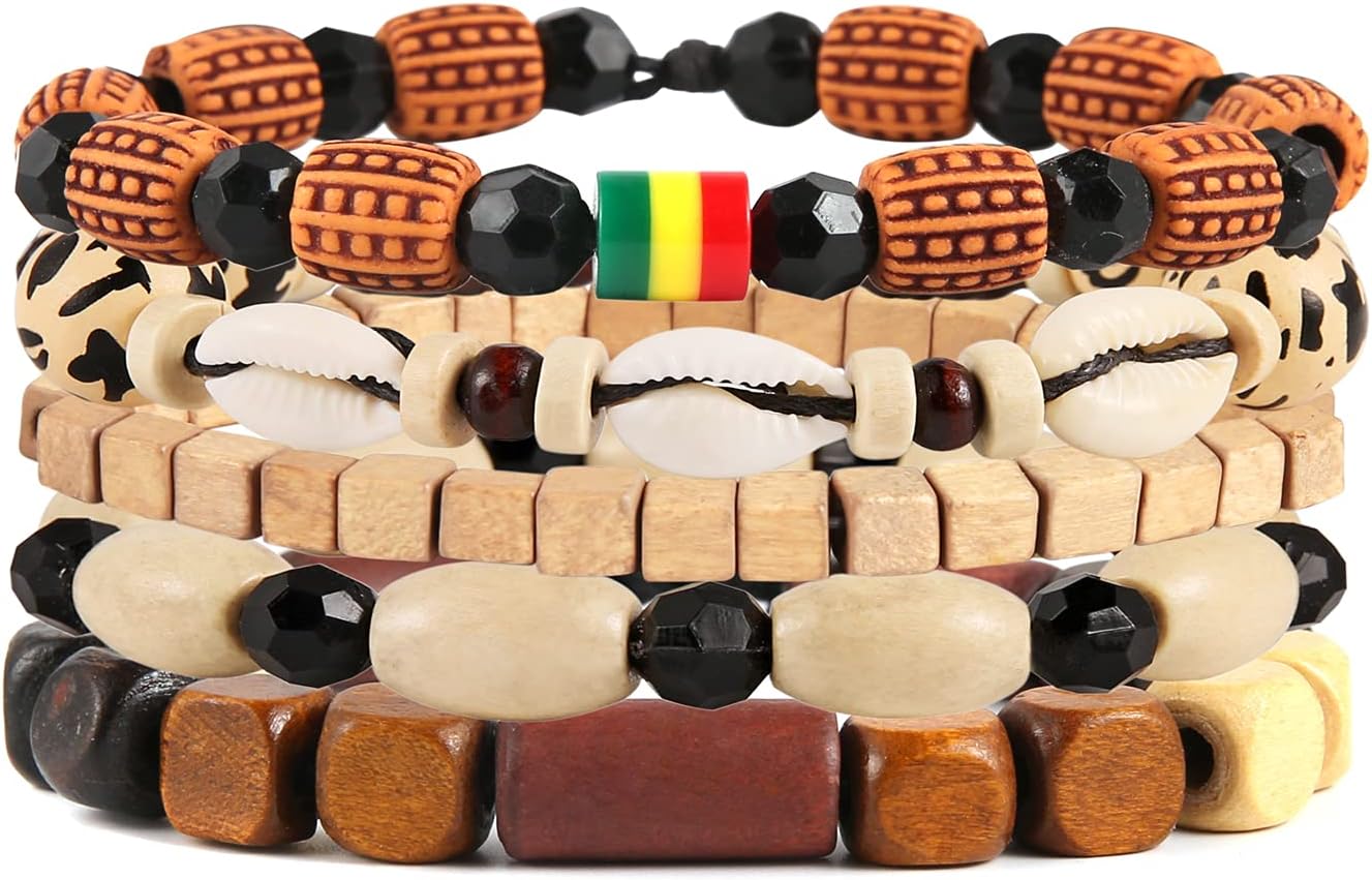 HZMAN Wrap Bracelets Men Women, Hemp Cords Wood Beads Ethnic Tribal Bracelets, Leather Wristbands