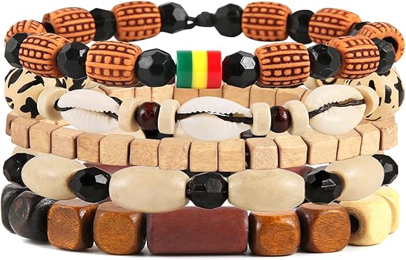 CASDAN Bracciale Intrecciato In Pelle E Perline Di Legno Per Uomo E Donna - Regolabile, Stile Tribale, 8.5 Pollici