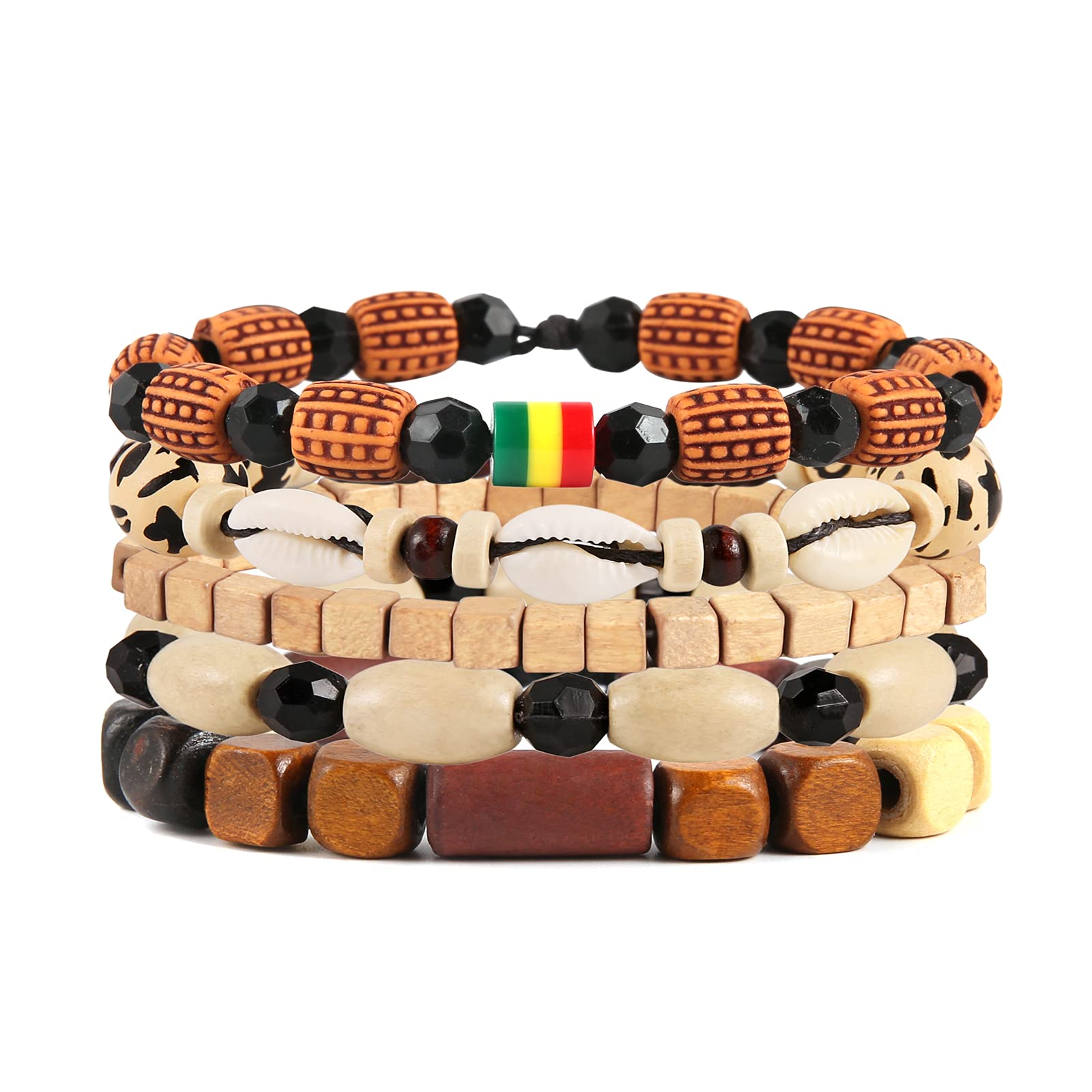 HZMAN Wrap Bracelets Men Women, Hemp Cords Wood Beads Ethnic Tribal Bracelets, Leather Wristbands