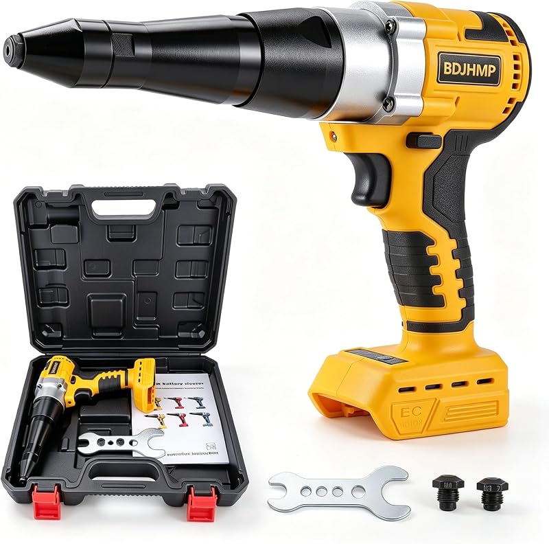 Pistola remachadora inalámbrica compatible con batería Dewalt de 20 V máx., solo herramienta | Remachadora sin escobillas con 3 cabezales para remaches de 1/8" 5/32" 3/16", LED incorporado, remachadora automática para cuero plástico metálico