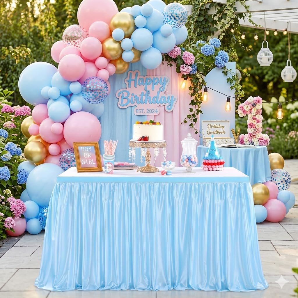 QueenDream Blue Table Skirts for Rectangle Tables 9ft Fitted Polyester Table Cloth for Wedding Birthday Party Baby Shower Dessert Table Decorations