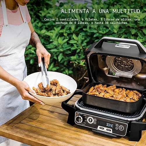 Vista 7 de Ninja OG751 Woodfire Pro - Termómetro integrado para parrilla al aire libre, parrilla principal 7 en 1, ahumador de barbacoa y freidora de aire al
