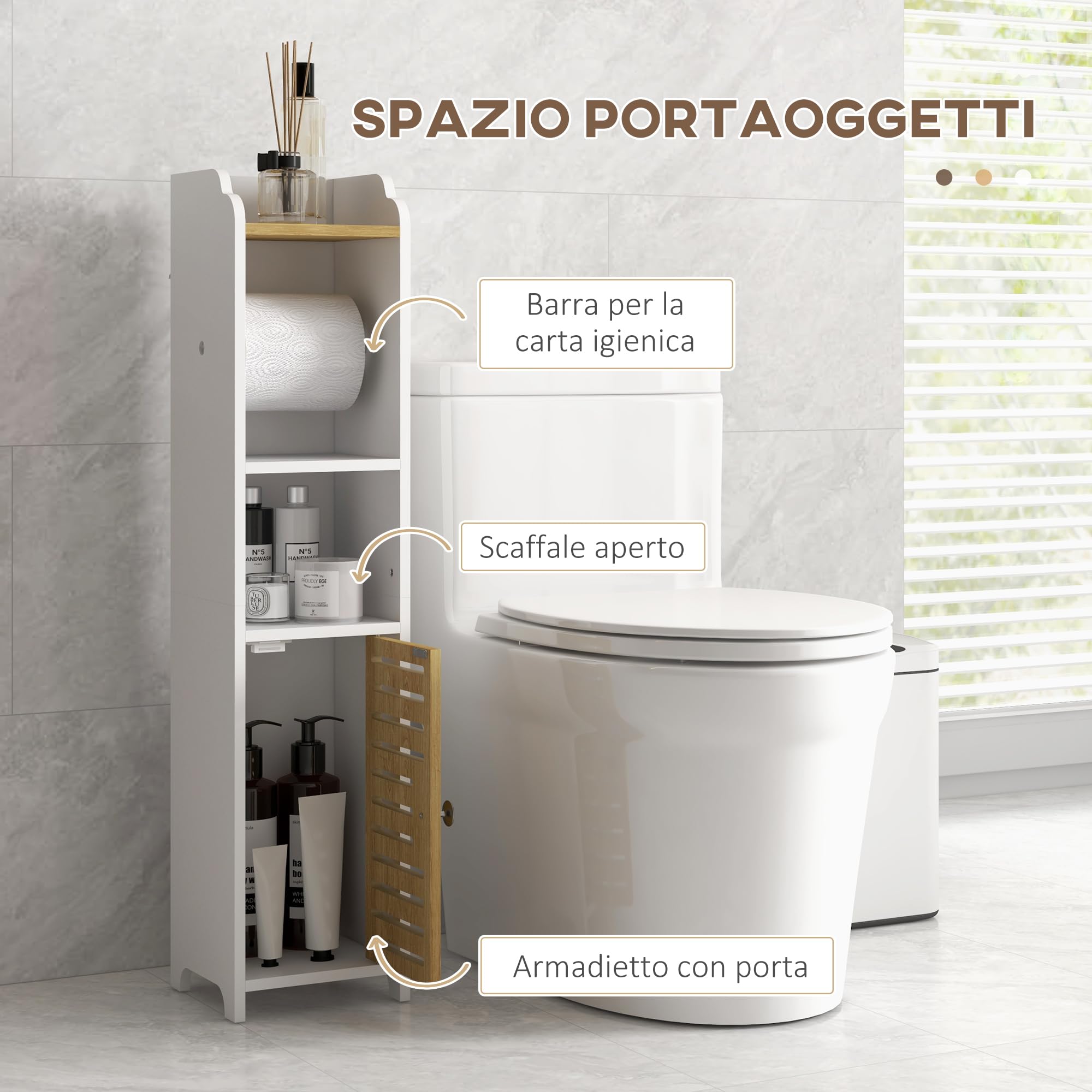 kleankin Mobiletto Bagno Salvaspazio in Truciolato 18x20x90 cm Bianco | Mobiletto Multiuso, Ripiano Porta Carta Igienica, Ripiani Aperti, Armadietto Inferiore