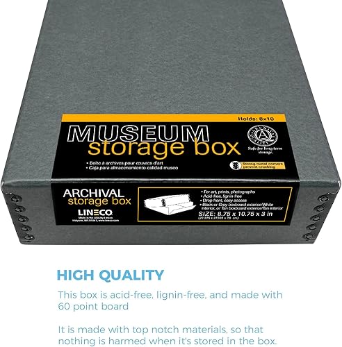 Vista 114 de Lineco, Caja de almacenamiento de archivos de museo de color tostado de 9 x 12 pulgadas, diseño frontal caído. Sin ácidos con borde de metal.