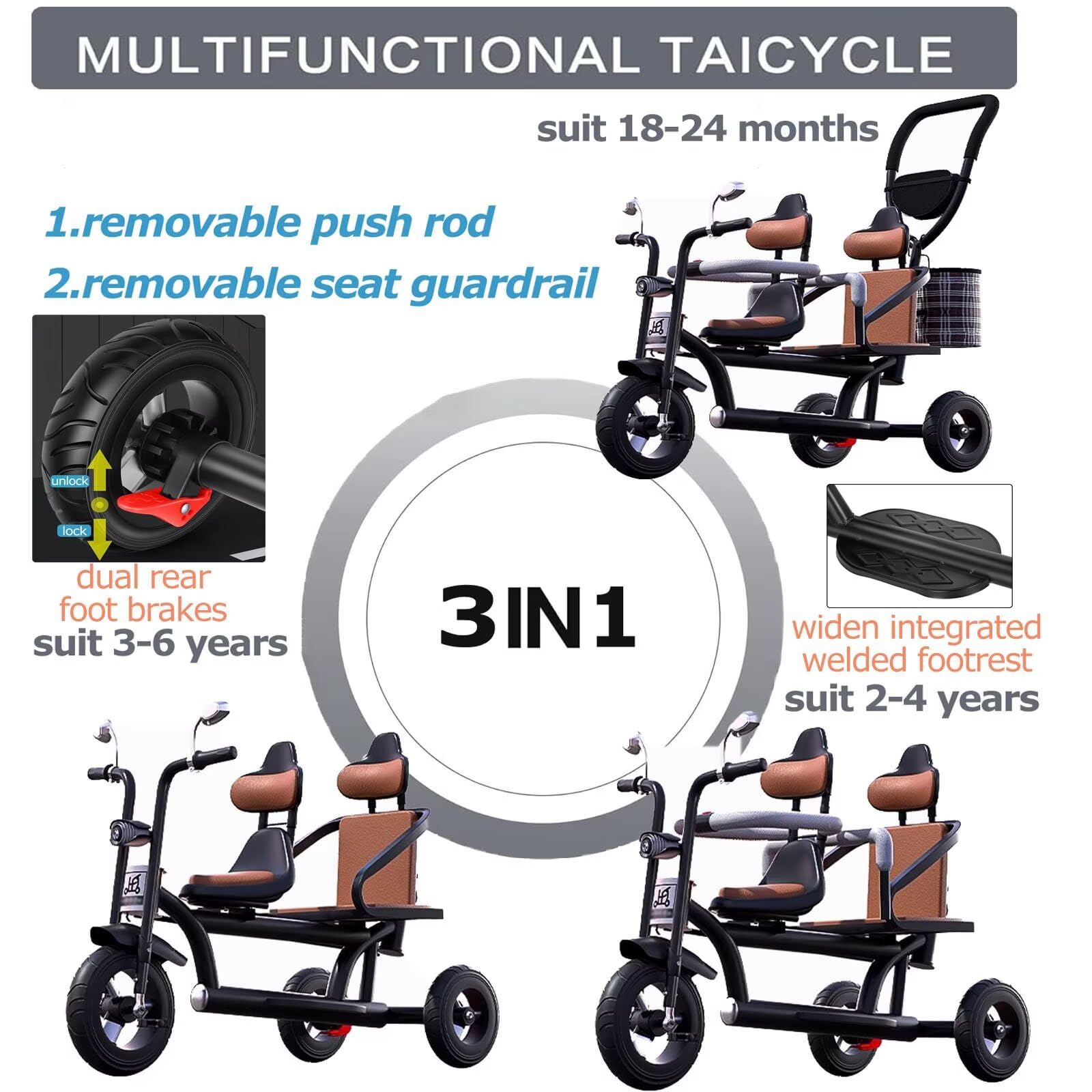 Triciclo pieghevole con pedali, Triciclo tandem con modalità spinta e pedale multicolore
