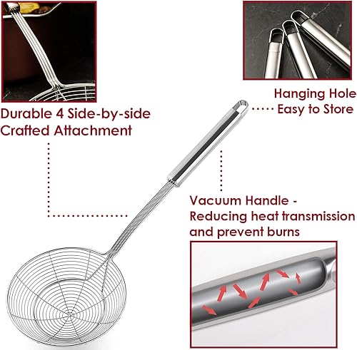 Miniatura 5 de Colador de araña de acero inoxidable para freír y cocinar, juego de 3 coladores asiáticos de alambre sólido, colador de pasta con mango largo,