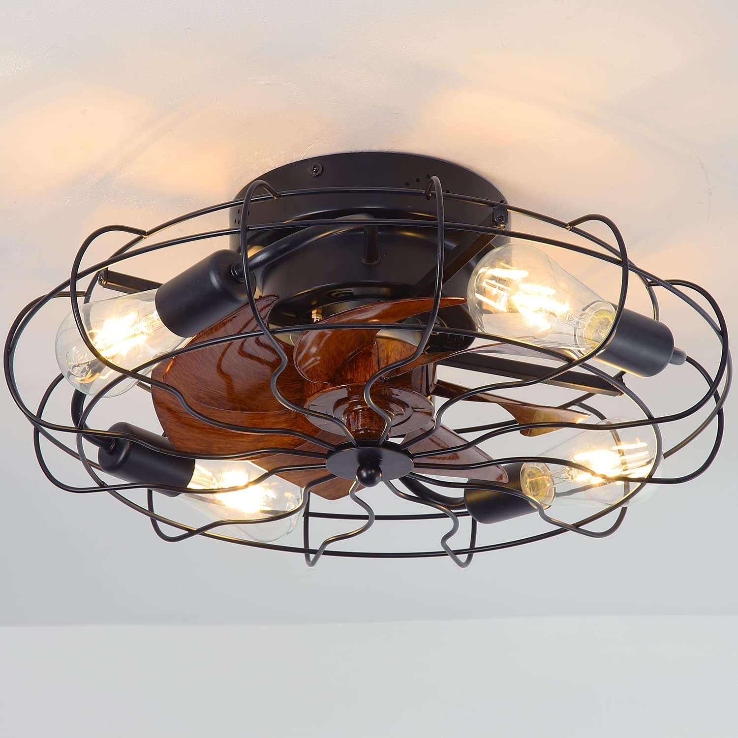 Small Mid-Century Black Caged Ceiling Fan with Lights and Remote , 7 Brown Walnut Wood ABS Blades, 5 E26 warm bulbs Included, Indoor Multi-Speed Reversible Farmhouse 20" Low Profile Enclosed fan light
