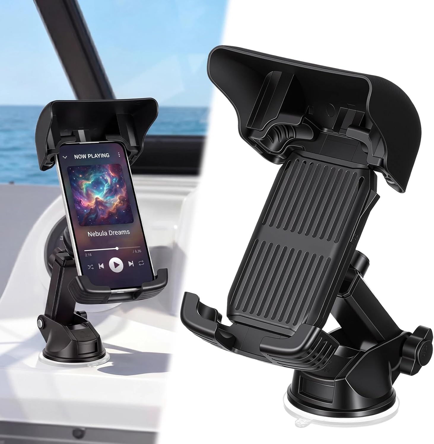 Tellegloww Boat Phone Holder, Marine Cell Phone Holder with Sunshade, Black 360 Degree Adjustable Suction Cup, Smartphone Accessory for Boat Rail, Car, Cycling, Pontoon and Outdoor Use