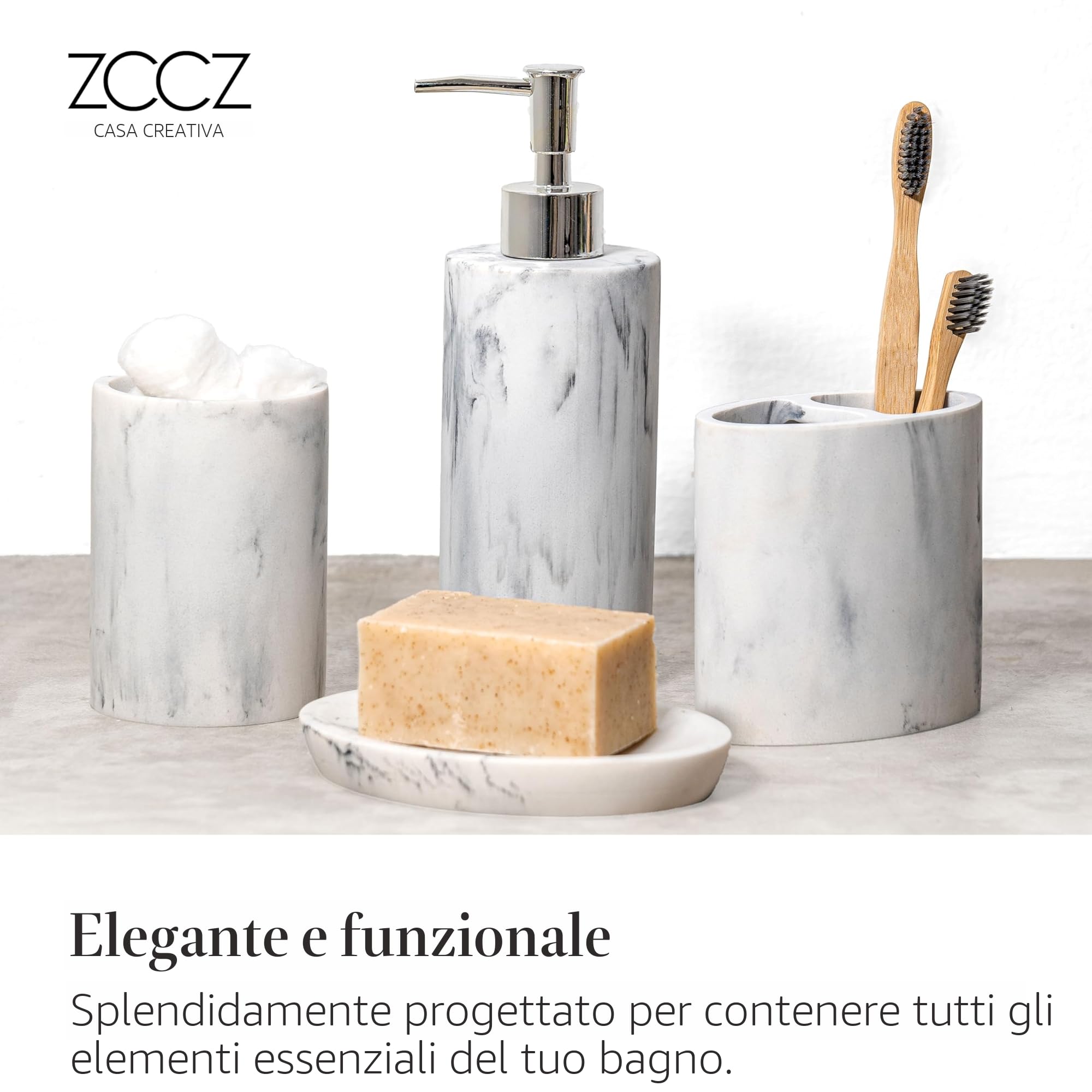 ZCCZ Set di accessori da bagno 4 pezzi, accessori decorativi per il bagno con dispenser di sapone, portaspazzolino, bicchiere da bagno, portasapone, effetto marmo, set di accessori da bagno bianco