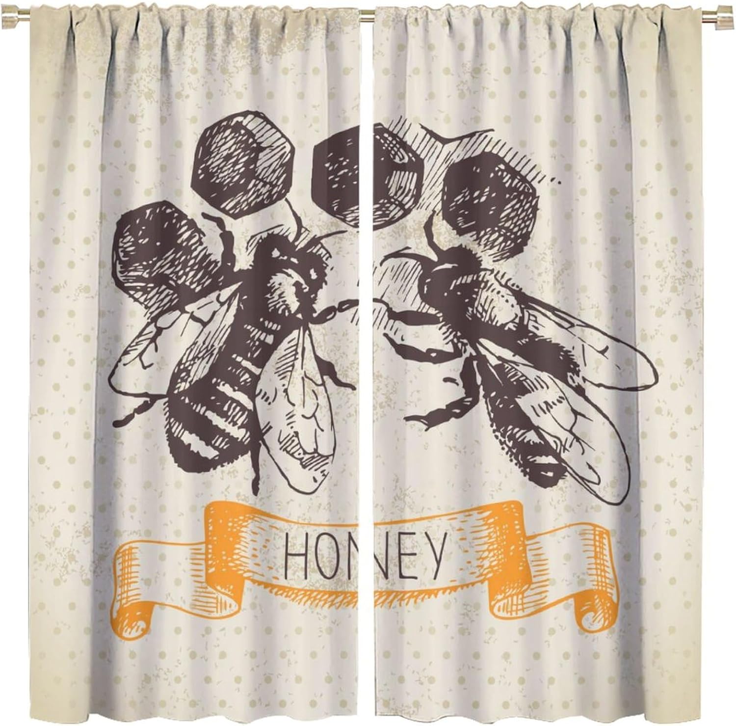 Vintage Bee Blackout Curtain, Retro Rustic Farmhouse Bee Honey Insect Pattern Window Treatments 2 Panels Drapes for Kitchen Living Room Bedroom Decor 42x45in