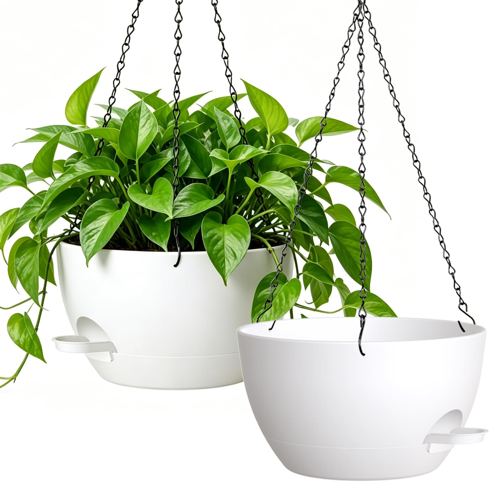 WSMKSZ 33 cm Large Self Watering Hanging Planters Indoor Outdoor, 2 Pack Plastic Hanging Plant Pots with Drainage Holes & Removable Reservoir, Wide Hanging Baskets for Balcony Porch and Flower, White