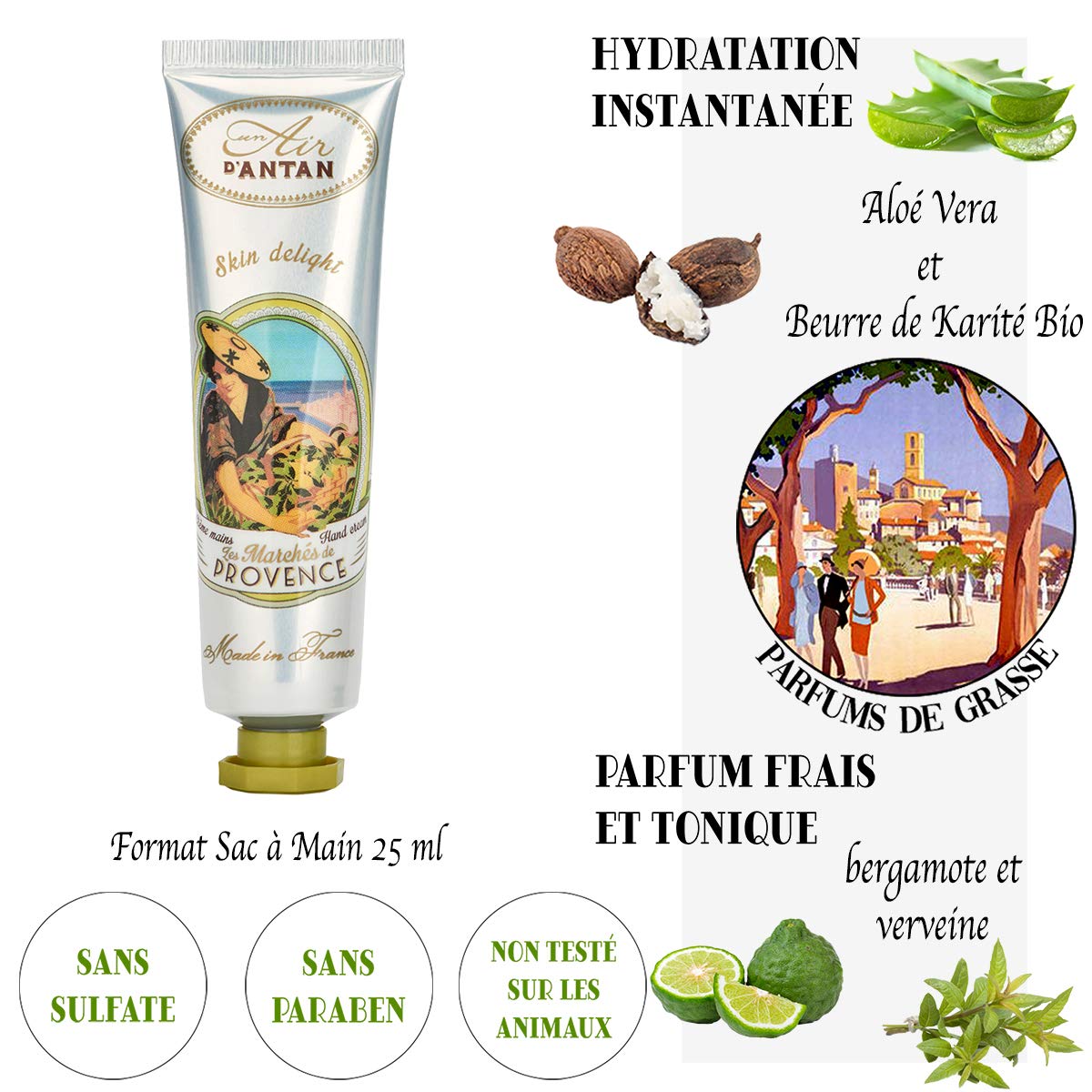 Set Premium PROVENCE French Vintage Hand Cream (Shea Butter, Aloe Vera) Pack 2x0.9oz. Organic Verbena, Bergamot and Lemon. Un Air d'Antan Exclusive Perfume, Intense Regenerating Paraben-Free Formula : Beauty & Personal Care