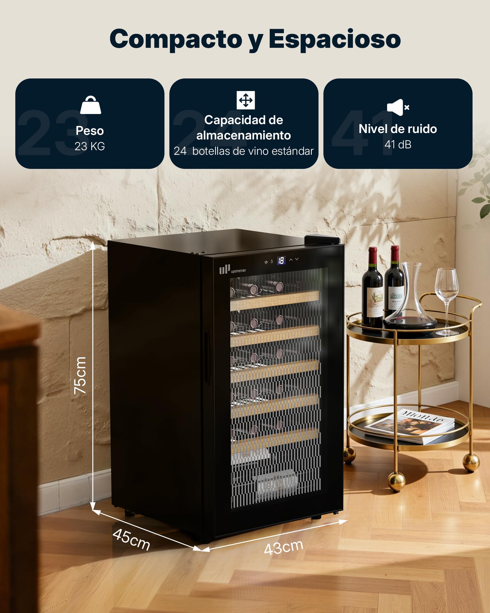 Upstreman Vinoteca para 24 Botellas, 5°C - 20°C Ajustable, Empotrable & Bajo Encimera, Doble Acristalamiento, Pantalla Táctil, Iluminación LED, 5 Baldas, Bodega de vino Negro W24