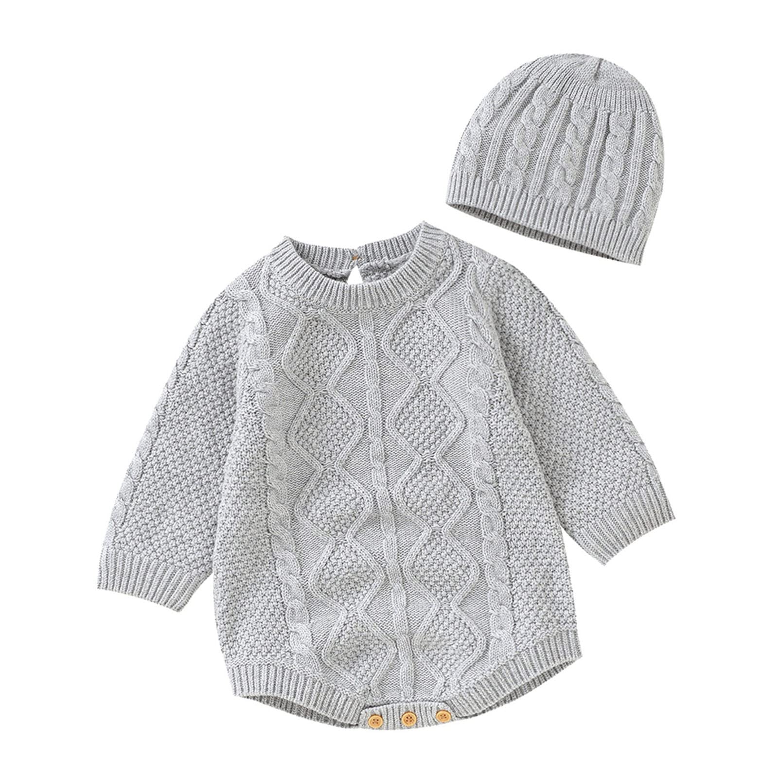 Infant Baby Girl Boy Sweater Romper Newborn Cable Knitted Outfits Long Sleeve Bodysuit with Cap Warm (Grey, 3-6 Months)