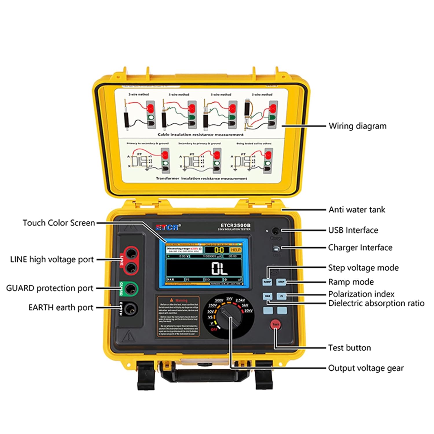 ET3500B 10KV Insulation Resistance Meter High Voltage Insulation Resistance Tester Rated Voltage Up to 10KV | 0.005MΩ-10.0TΩ | Voltage Test DC 0-1000V; AC 0V-700V |Current Test ≥5mA Max.