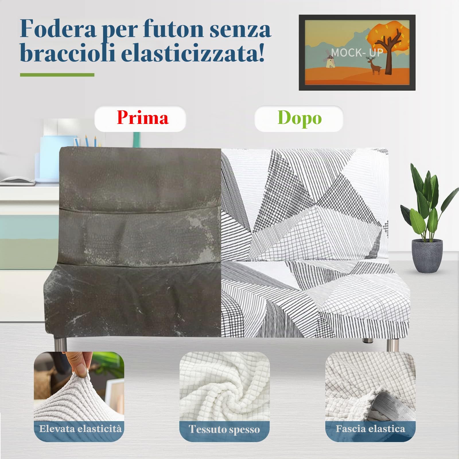 Jaotto Copridivano Clic Clac estensibile a 3 posti, fodera per divano senza braccio, elastica, in spandex, protezione per divano letto universale,Linea Bianca