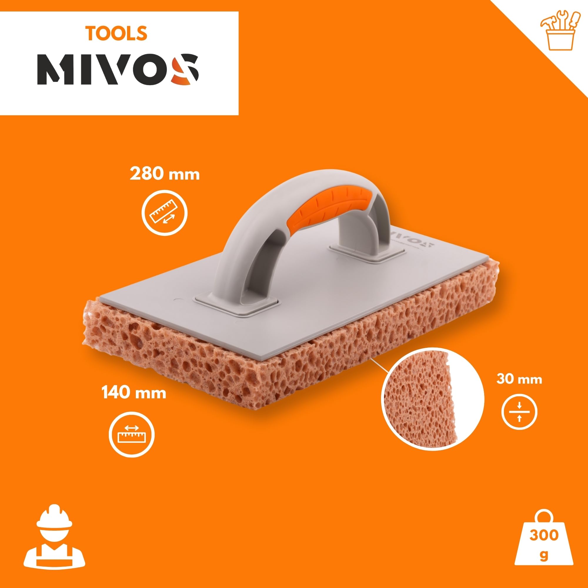 MIVOS Tile Wash Board with 30 mm Hydro Sponge Coating, Coarse Pore, Brown, 280 x 140 mm - Image 3