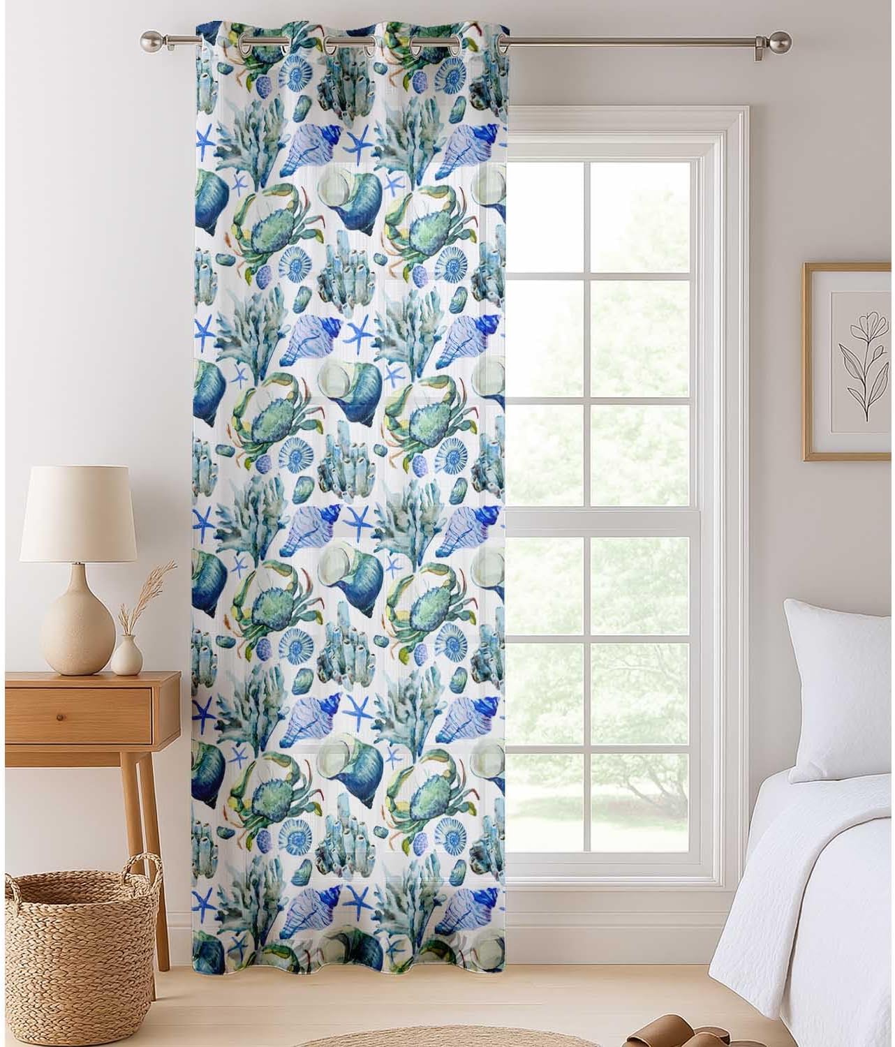 Ocean Print Sheer Curtains for Short Windows – Set of 2 Panels, 63" Length, Grommet Top, Printed Georgette, Light Filtering Drapes for Kitchen or Bedroom
