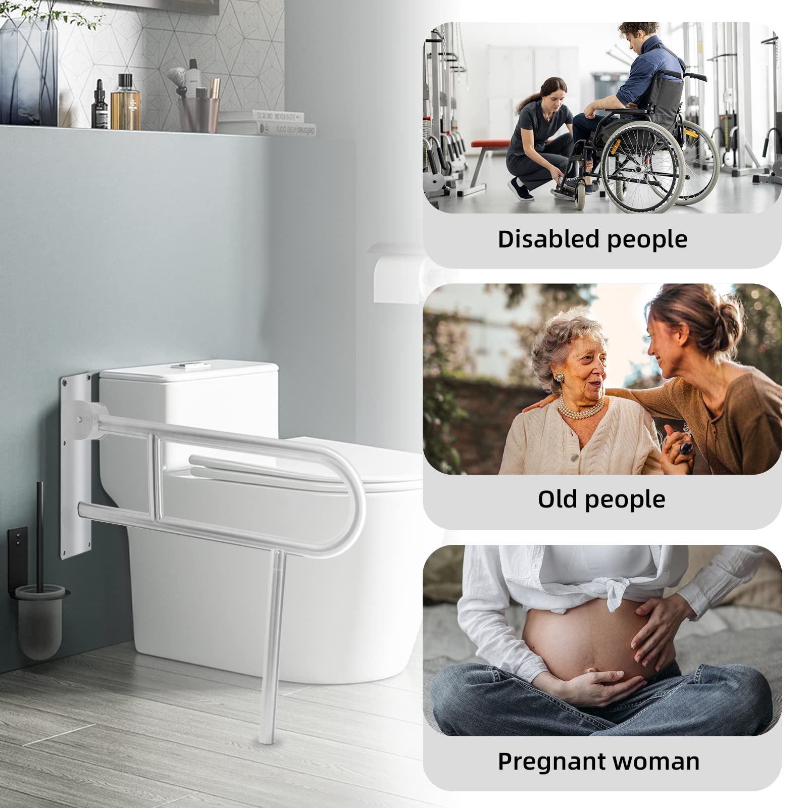 JoliJour Maniglione Ribaltabile per Bagno WC, Maniglia Di Supporto Pieghevole con Gambe, Rotazione Verticale 90°, Supporto 330 Libbre, Acciaio Inossidabile