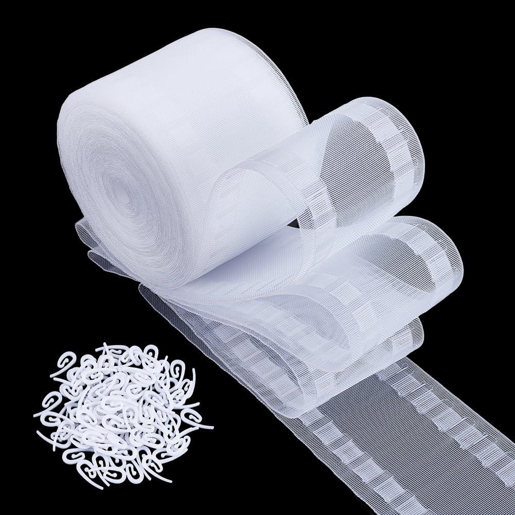 CRAFTYMELODY 12M Transparent Wave Curtain Tape Nylon Ribbons 100Pcs Plastic Window Curtain Hooks Pleat Tape White Nylon Drapery Header Curtain Accessories for Curtains Hanger Home Decor Project Craft