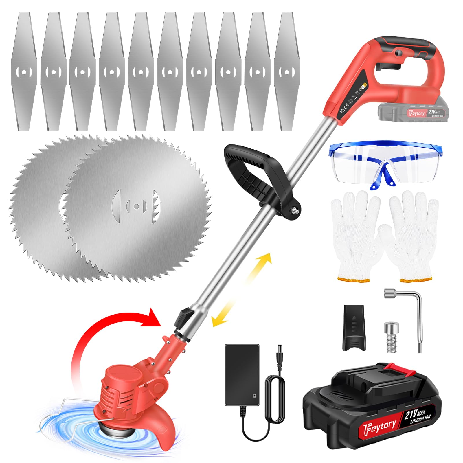 Cordless Strimmer 21V Grass Trimmers with Battery and Metal Blade, Electric Garden Strimmer 90° Head Adjustment for Lawn Edger Pruning Weed
