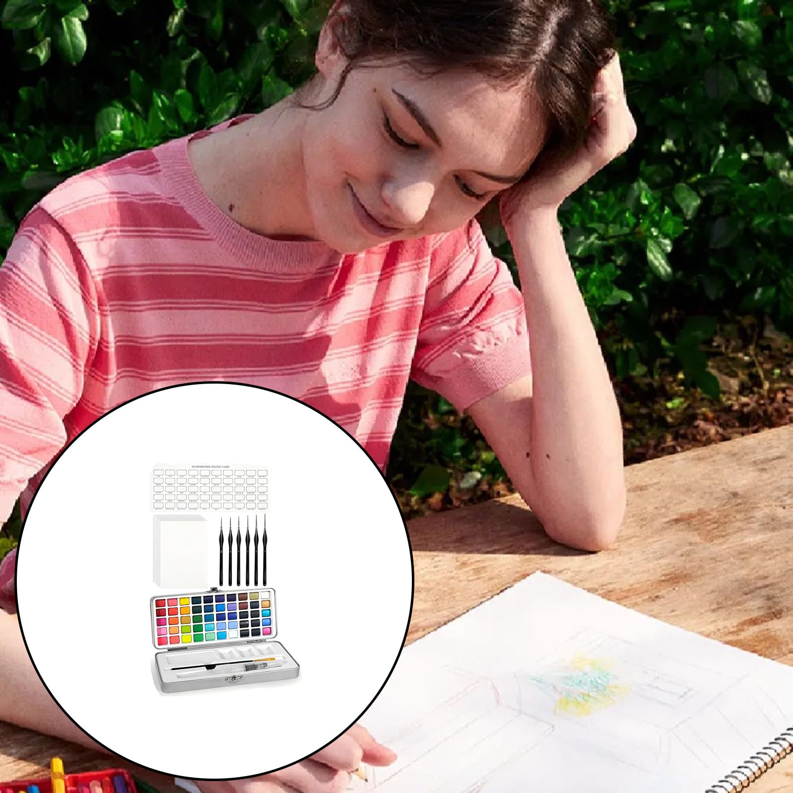 Set di pittura ad acquerello con 50 colori, latta di metallo e strumenti a pennello per pratica artistica domestica, schizzi di viaggio e pittura all'aperto
