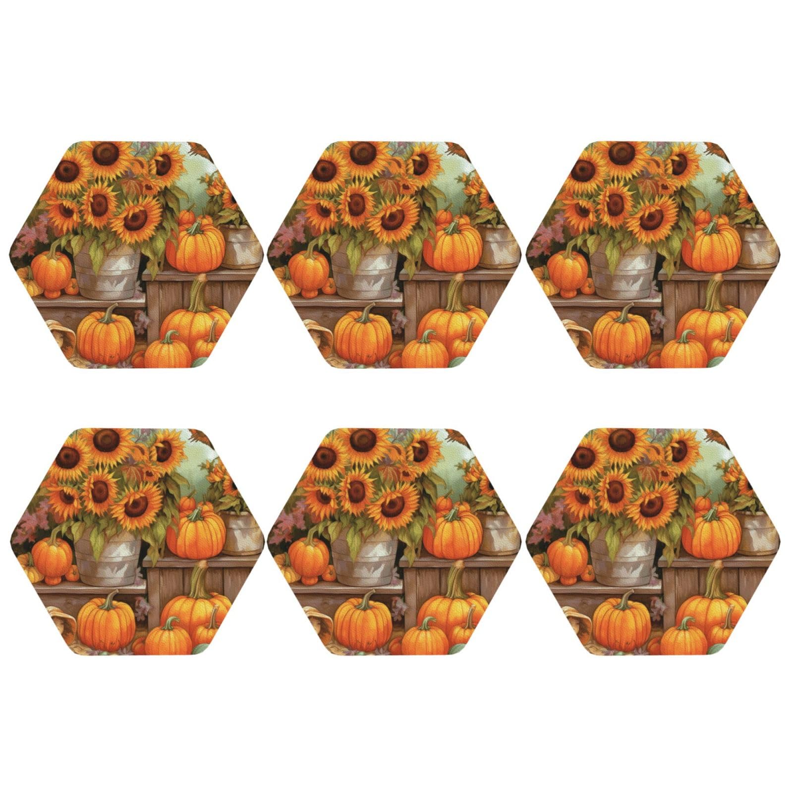 6Pcs PU Leather Coaster for Drinks, Autumn Sunflowers Pumpkins Cup Coastersr 4" Cup Mat Pad, Aesthetic Drink Coasters for Coffee Table, Hexagon Coaster for Tabletop Protection