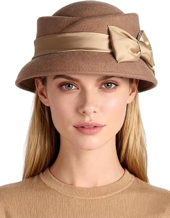 HIMESPORT Womens Wool Felt Fedoras Hat - Elegant Cloche Hats for Wedding,Formal Church,Cocktail,Tea Party with Bow Ribbon