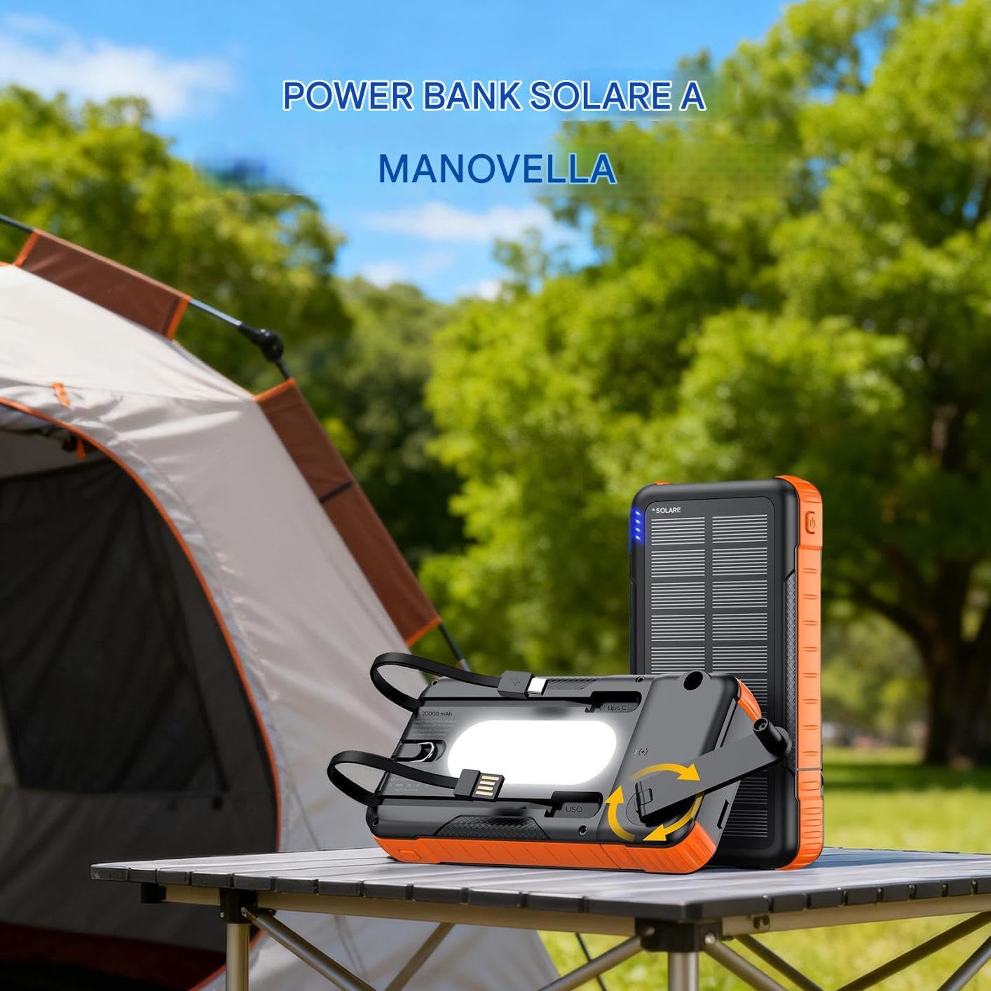 Caricatore Solare Power Bank Batteria da 20000mAh per Sopravvivenza | Power Bank Solare con Manovella Per Smartphone, Fotocamera, Tablet, Campeggio, Escursionismo E Zaino In Spalla