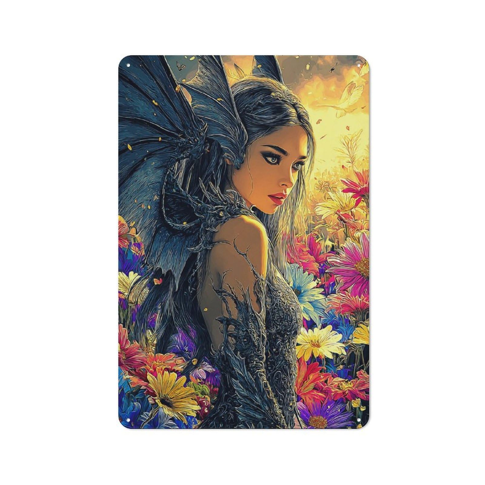 Junmoney Fantasy Angel With Wings Amidst Flowers Tin Wall Plaque 30X20cm With For Hallway Wall, With Clear Retro Wall Decor Character