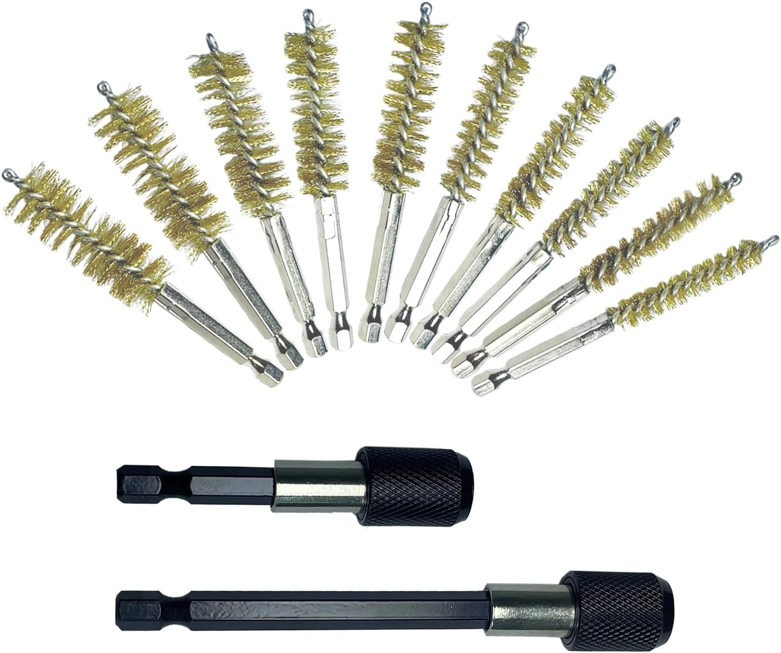 10 Piece Brass Bore Brush Kit with Extension Bar, Drill Wire Bore Cleaning Brushes, 1/4" Hex Shank Deep Hole Cleaning Set for Power Drills & Impact Drivers (8/9/10/11/13/14/15/16/17/19 mm)