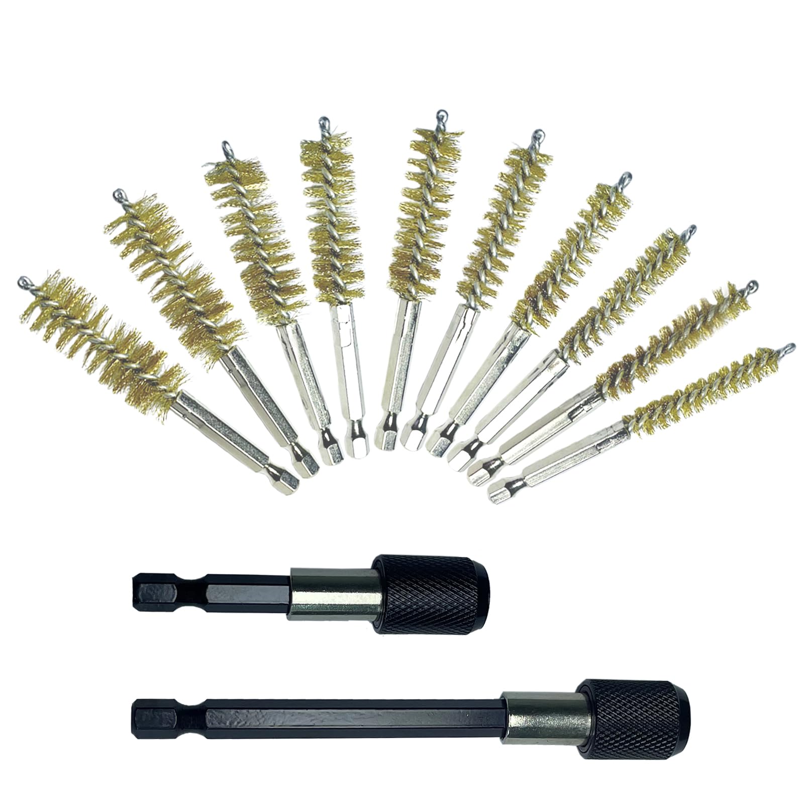 10 Piece Brass Bore Brush Kit with Extension Bar, Drill Wire Bore Cleaning Brushes, 1/4" Hex Shank Deep Hole Cleaning Set for Power Drills & Impact Drivers (8/9/10/11/13/14/15/16/17/19 mm)