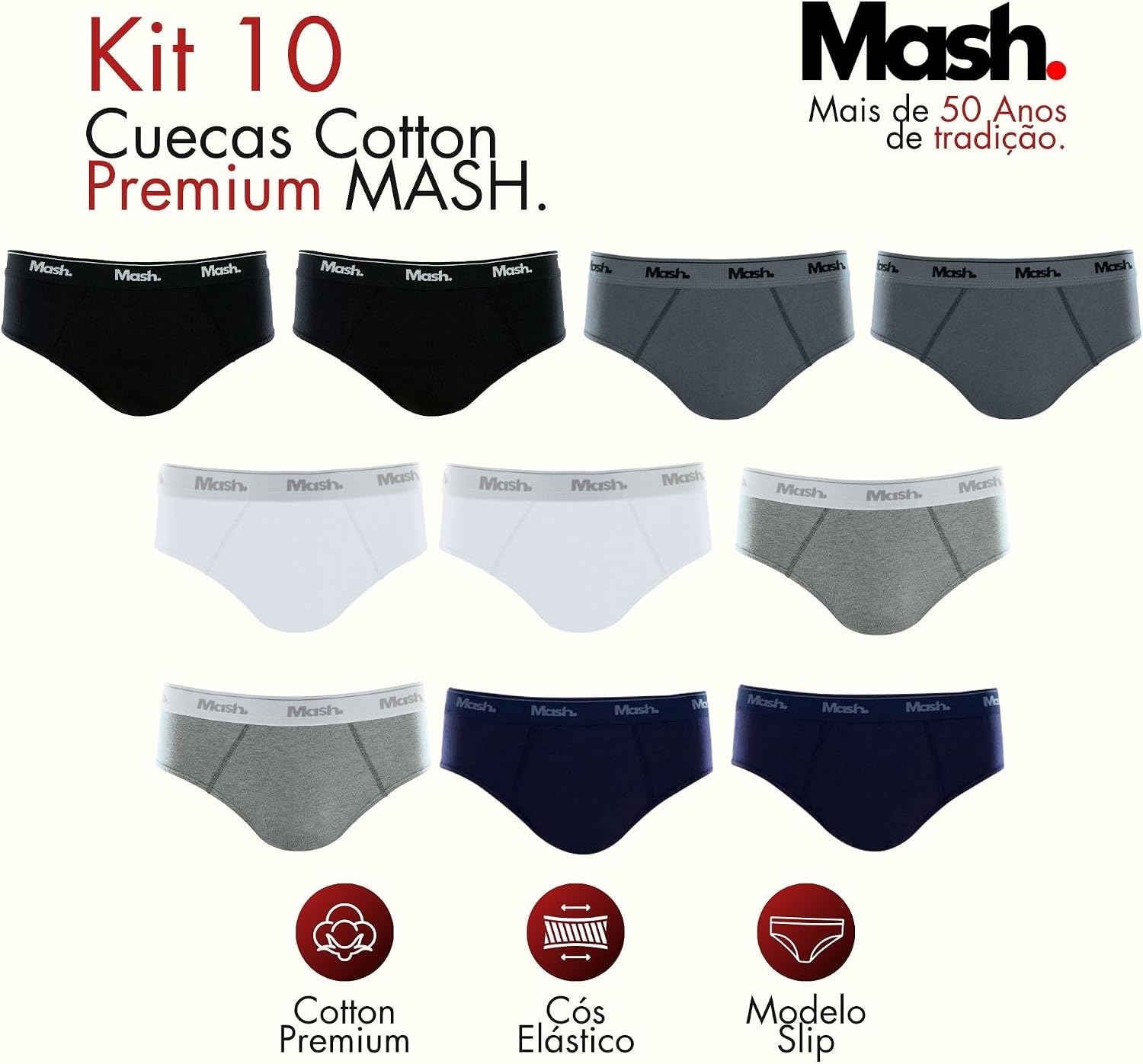 Kit 10 Cuecas Slip Algodão Cotton Hipoalergênica Masculino Mash Kit 10 Cuecas Slip Algodão Cotton Hipoalergênica Masculino Mash
