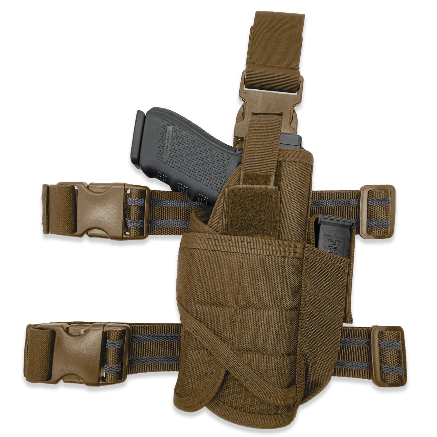 Bear Armz Tactical Universal Drop Leg Holster 500D Nylon | American Company | Thigh Holster Mag Pouch | Adjustable Gun Holster Fits Any Pistol | Sig, Glock, S&W (Coyote Brown, Right Handed (OWB))