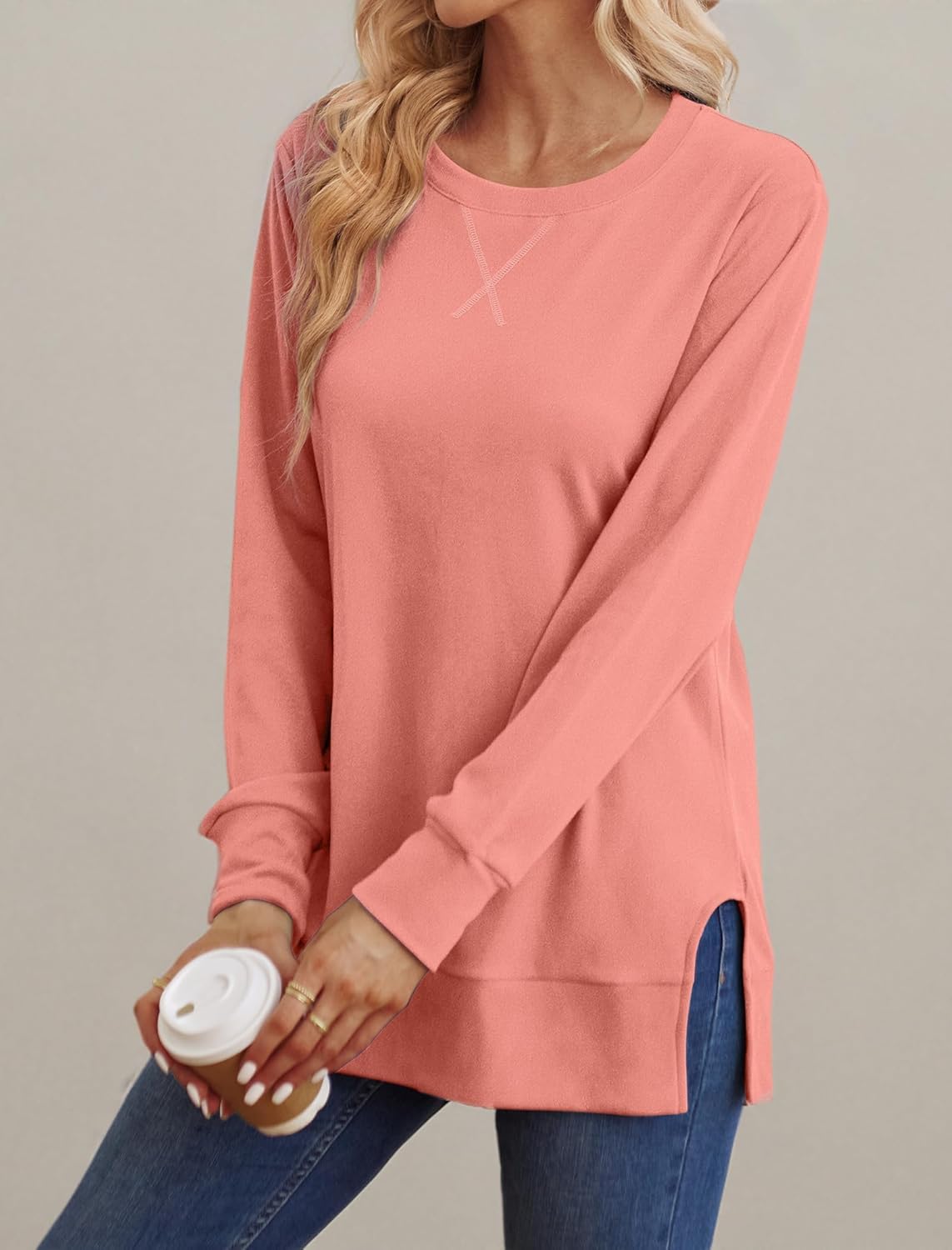 Saloogoe Sweatshirt for women Side Split Fall Fashion 2025 Long Sleeve Shirts Trending Now