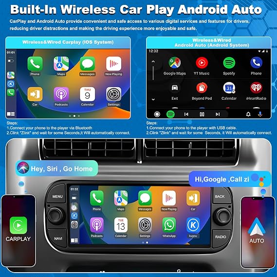 5GWifi Car Radio for Jeep Wrangler 2003 2004 2005 2006, Grand Cherokee 1999-2004, Dodge Ram 1500/2500/3500 2002-2005 Grand Caravan 2001-2007, Chrysler Car Stereo 6.8inch Wireless Carplay Android Auto