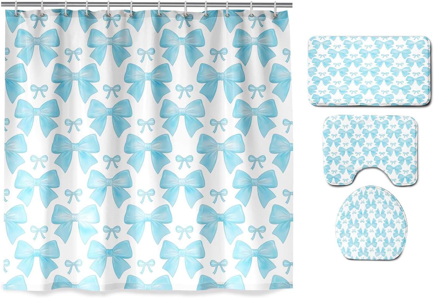 4 Pcs Teal Bow Shower Curtain Set, Girls Bathroom Set with Shower Curtain and Rugs Aesthetic Girly Bathroom Decor for Girls Women Teens Accessory with Mats Toilet Lid Cover 12 Hooks image 2