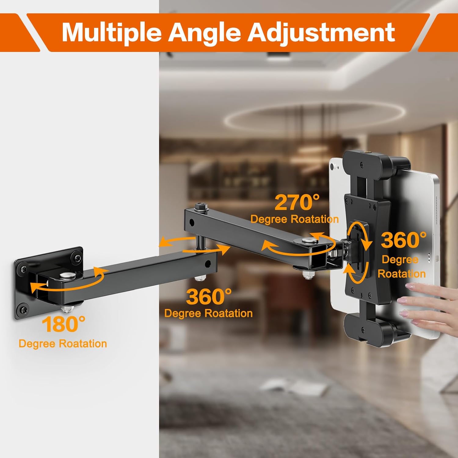 Diagram illustrating multiple angle adjustments for the tablet wall mount