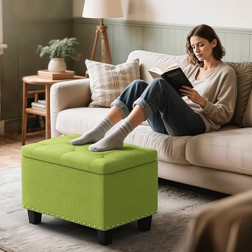 Miniatura 2 de MoNiBloom Banco otomano de 24 pulgadas con almacenamiento para dormitorio, banco contemporáneo de lino verde copetudo, reposapiés, taburete otomano