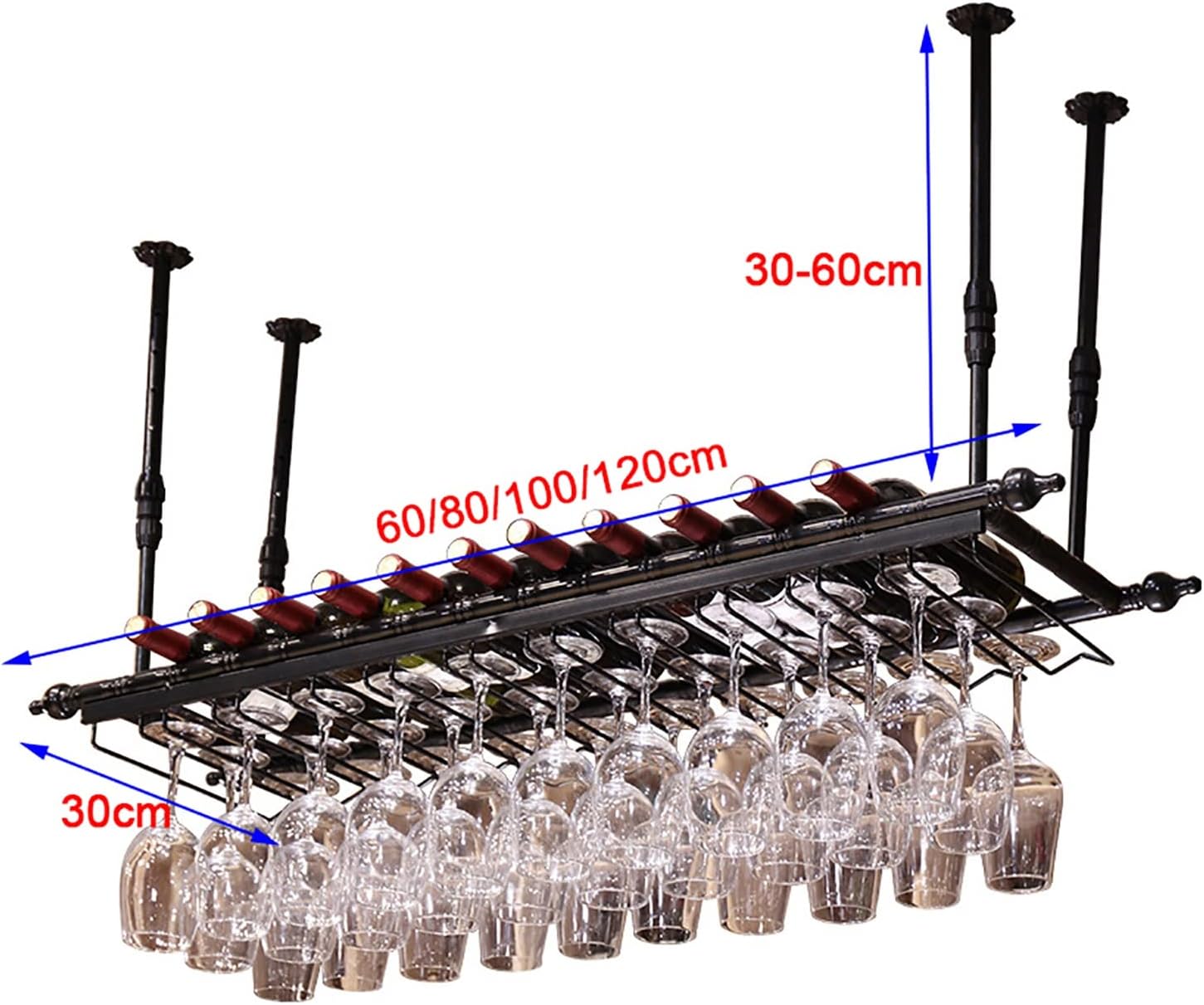 Ceiling Wine Glass Rack Hanging Wine Glass Holder,Height Adjustable,Vintage Goblet Holder,Metal Wrought Iron Black Wine Rack,Home Bar Kitchen Wine Stand,Ceiling Decorative Shelf