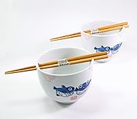 Vista 1 de Juego de 2 tazones de cerámica de porcelana japonesa con palillos, sopa de ramen, fideos, gachas de avena, menudo ramen udon, pasta, cereales