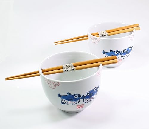 Juego de 2 tazones de cerámica de porcelana japonesa con palillos, sopa de ramen, fideos, gachas de avena, menudo ramen udon, pasta, cereales,