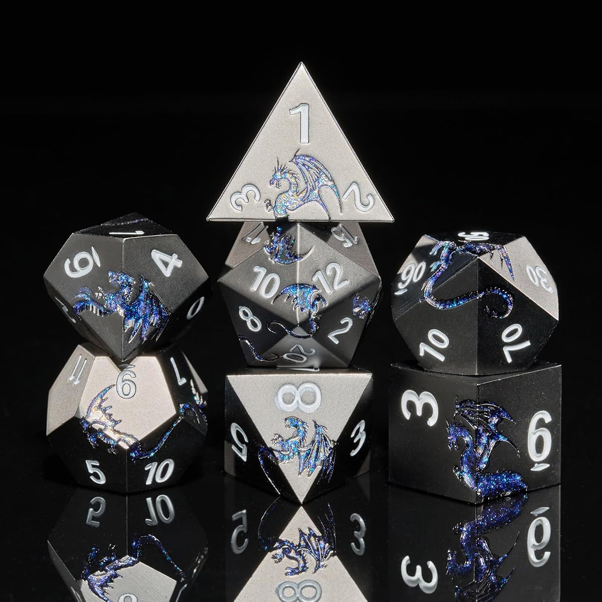 Metal Dice Set,7-Piece Dragon Dice for DND and RPGs,Glitter Blue | Heavy zinc alloy polyhedral dragon dice with easy-to-read numbers and a magnetic gift box for fantasy tabletop RPG games.