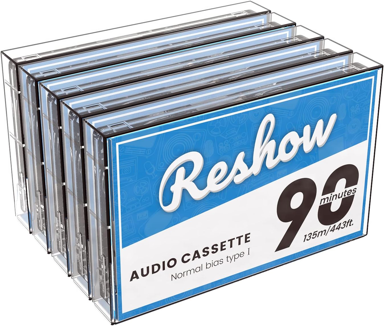 Reshow Audio Cassettes Low Noise High Output 90 min Time Blank Cassettes Tapes with Individual Clear Plastic Cassette Tape Case, Great for Everyday Recording (Pack of 5)