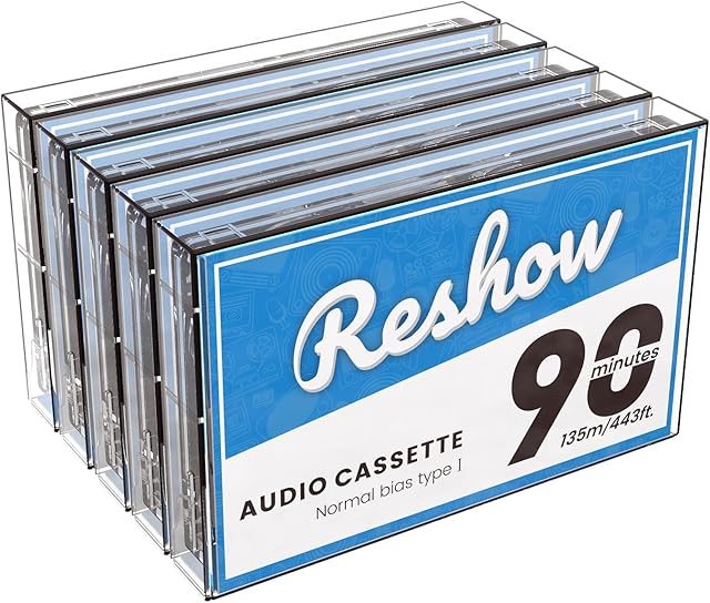Reshow Audio Cassettes Low Noise High Output 90 min Time Blank Cassettes Tapes with Individual Clear Plastic Cassette Tape Case, Great for Everyday Recording (Pack of 5)