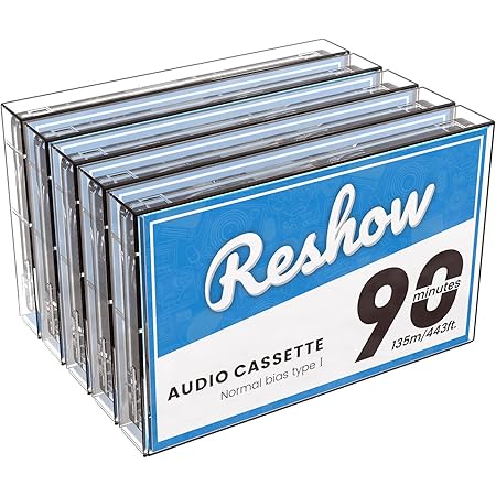 Reshow オーディオカセット低ノイズ高出力90分時間空白カセットテープ個別クリアプラスチックカセットテープケース、毎日の録音に最適 (ブルー - 5個入り)