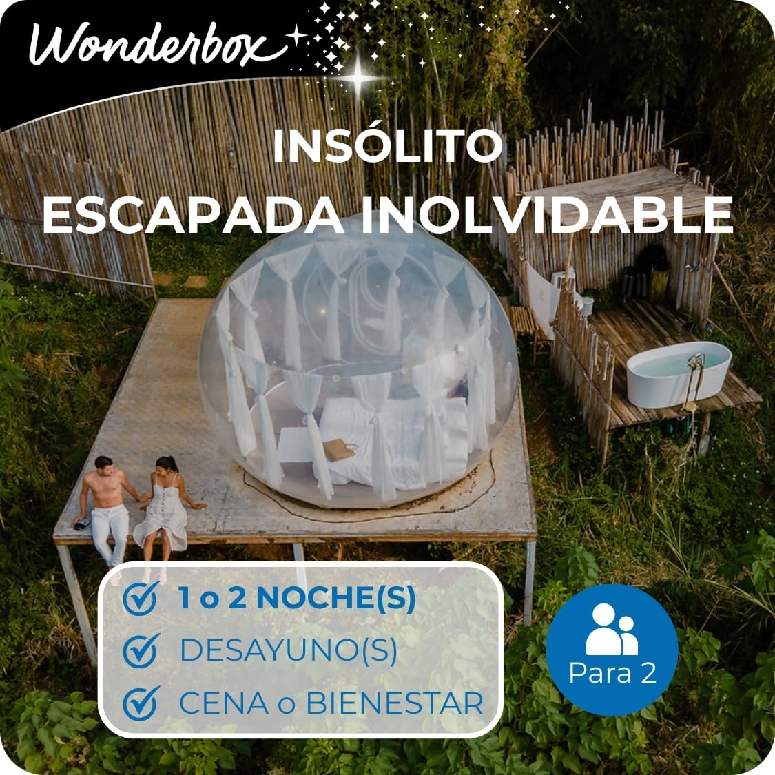 WONDERBOX - Caja Regalo - Insólito - Escapada Inolvidable - para 2 Personas | 1 o 2 noches con desayuno(s) y cena o bienestar - Más de 200 estancias - Burbujas, cabañas en los árboles, casas flotantes