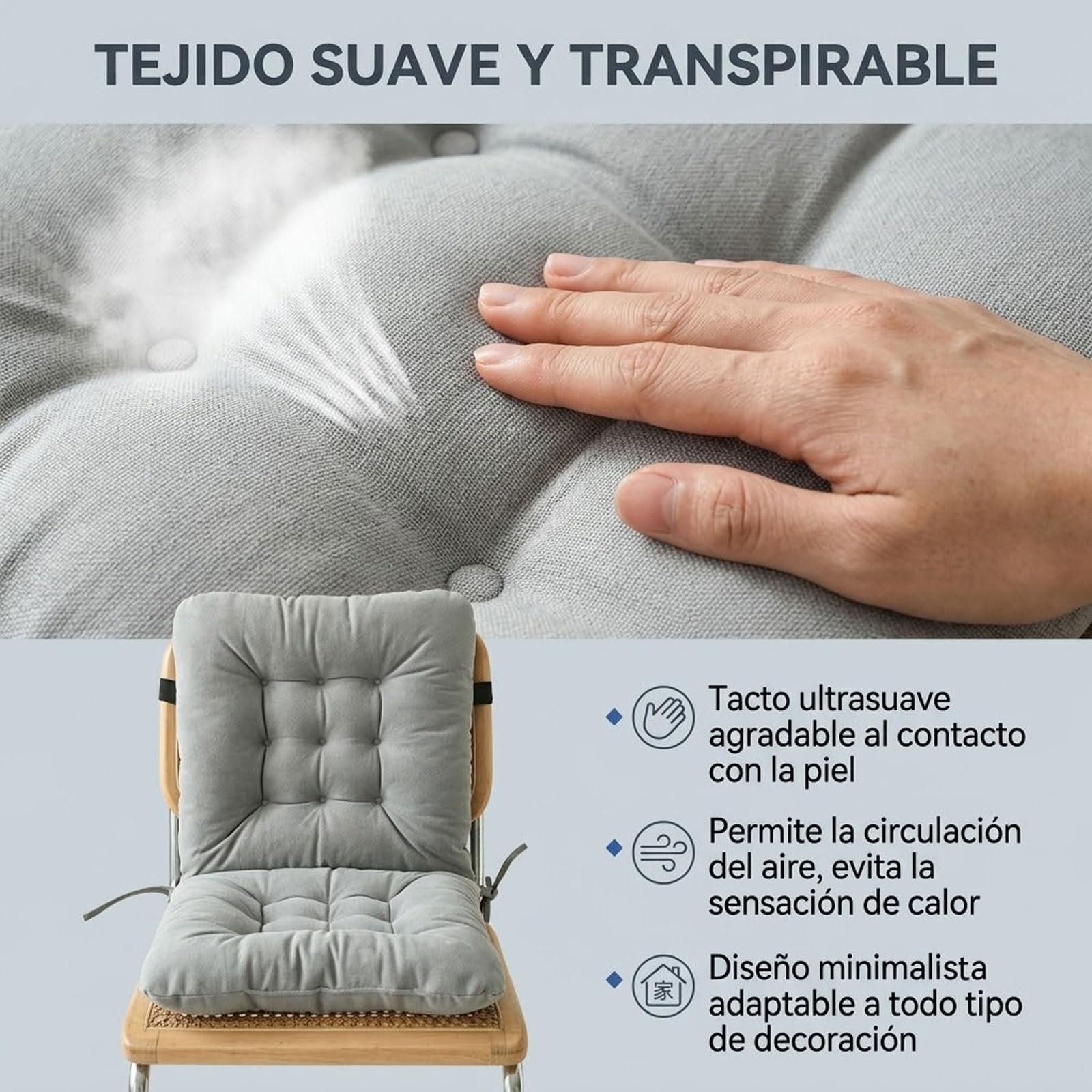 Genérico Cojín Silla con Respaldo 40x40cm, Suave Transpirable con Lazos, Cojín Asiento para Oficina Cocina Jardín Terraza, Grosor 8cm(Gris Claro)