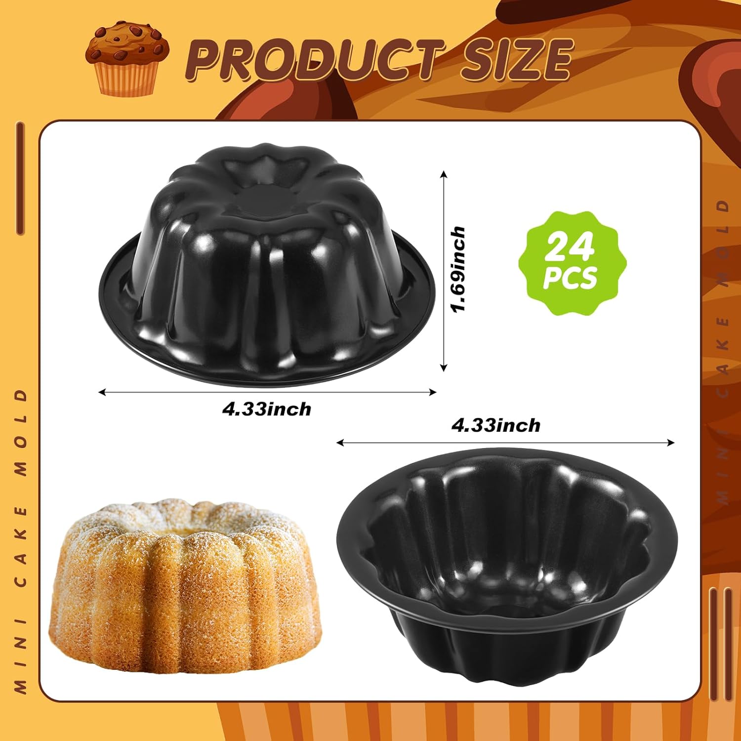 Ctosree 24 Pcs 4 Inches Fluted Mini Cake Pan Nonstick Fluted Cake Pan Carbon Steel Tube Metal Tube Oven Baking Mold with Flower Shape for Cupcake (Black)