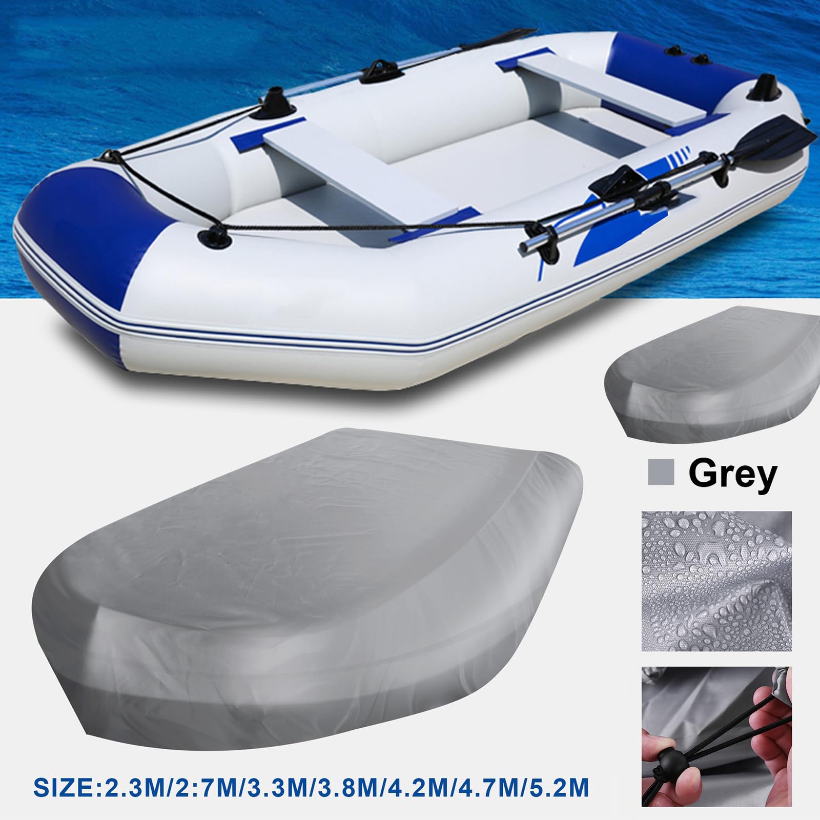 Boot Abdeckplane Schlauchboot, 210D Oxford-Stoff Tarpaulin Wasserdicht Staubdicht UV-Beständig reißfest Liegeplane Abdeckung Cover, Schützen Kajak Kanu Angelboot (Grau, 330 * 94 * 46cm)